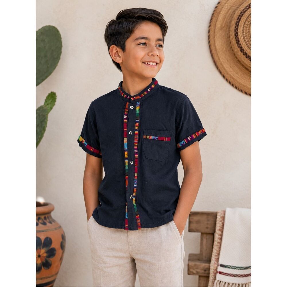 Boys Traditional Mexican Style Shirt Size 8 Navy Embroidered Cotton Boho Top